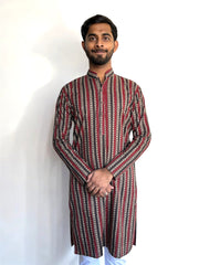 Maroon Striped Hand Block Prined Kurta